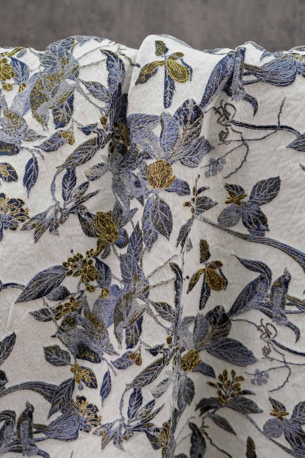 Chinese Floral Bird Jacquard Fabric, Gold Thread Embossed Woven Textile, Vintage Botanical Brocade Fabric for Qipao Dress DIY, 58"Wide