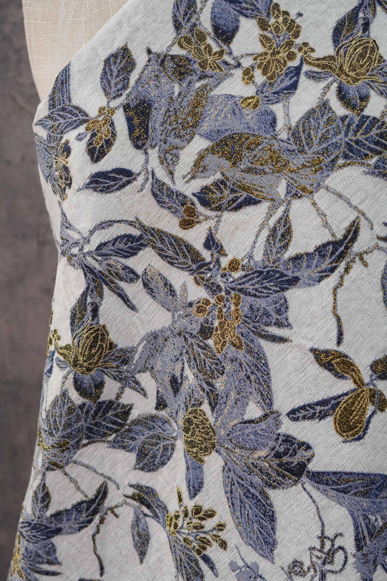 Chinese Floral Bird Jacquard Fabric, Gold Thread Embossed Woven Textile, Vintage Botanical Brocade Fabric for Qipao Dress DIY, 58"Wide