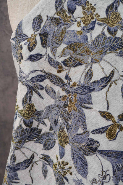 Chinese Floral Bird Jacquard Fabric, Gold Thread Embossed Woven Textile, Vintage Botanical Brocade Fabric for Qipao Dress DIY, 58"Wide