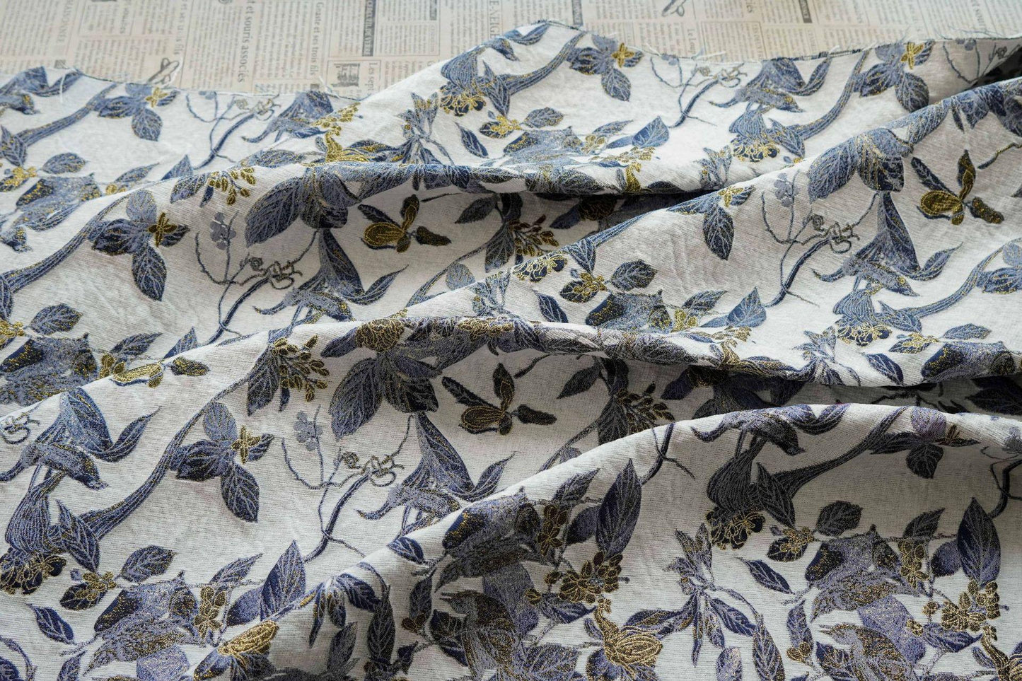 Chinese Floral Bird Jacquard Fabric, Gold Thread Embossed Woven Textile, Vintage Botanical Brocade Fabric for Qipao Dress DIY, 58"Wide