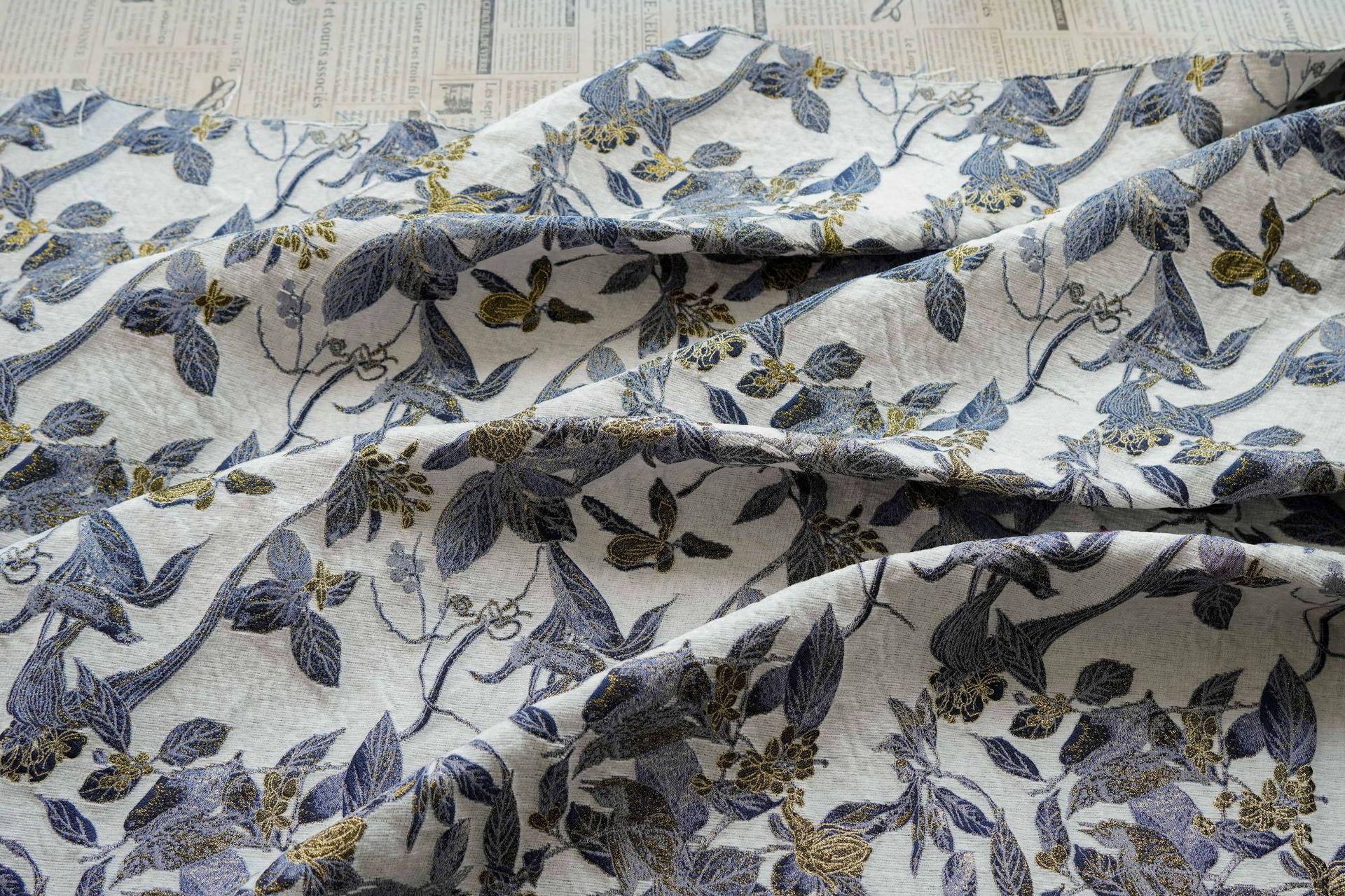 Chinese Floral Bird Jacquard Fabric, Gold Thread Embossed Woven Textile, Vintage Botanical Brocade Fabric for Qipao Dress DIY, 58"Wide