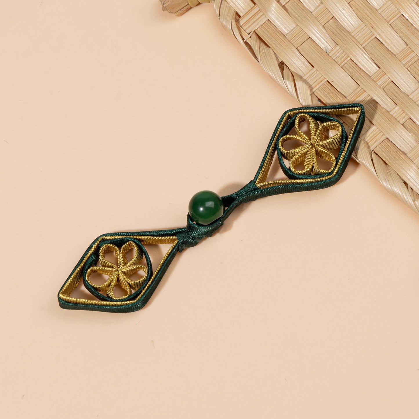 Chinese Frog Button, Qipao Pan Kou Closure, Handmade Hanfu Tang Suit Button, Green Gold Knot Fastener, Oriental Couture Clothing Trim