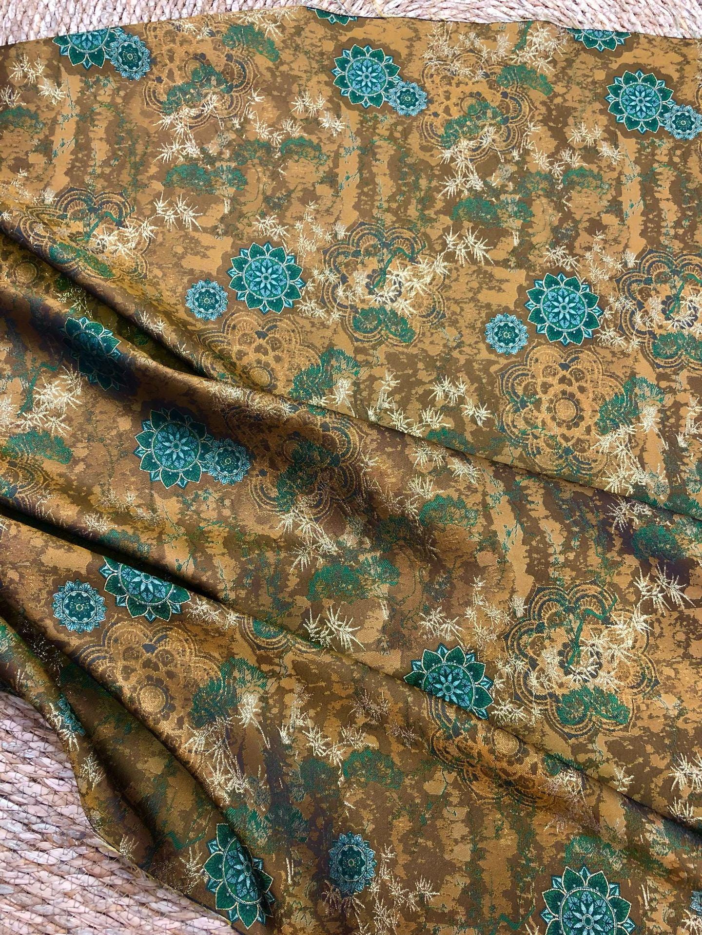 Dunhuang Jacquard Fabric, Gold Metallic Fabric by Yard, Traditional Floral Textile, Silk Like Hanfu Fabric, Luxury Sewing Material, 56"Wide