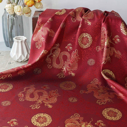 Chinese Dragon Brocade Fabric, Red Gold Jacquard Fabric by Yard, Double Dragon Pattern Textile, Sewing Material, Luxury Oriental Fabric, 59"