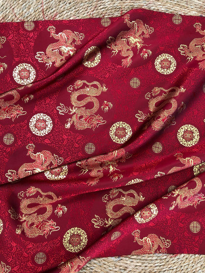 Chinese Dragon Brocade Fabric, Red Gold Jacquard Fabric by Yard, Double Dragon Pattern Textile, Sewing Material, Luxury Oriental Fabric, 59"