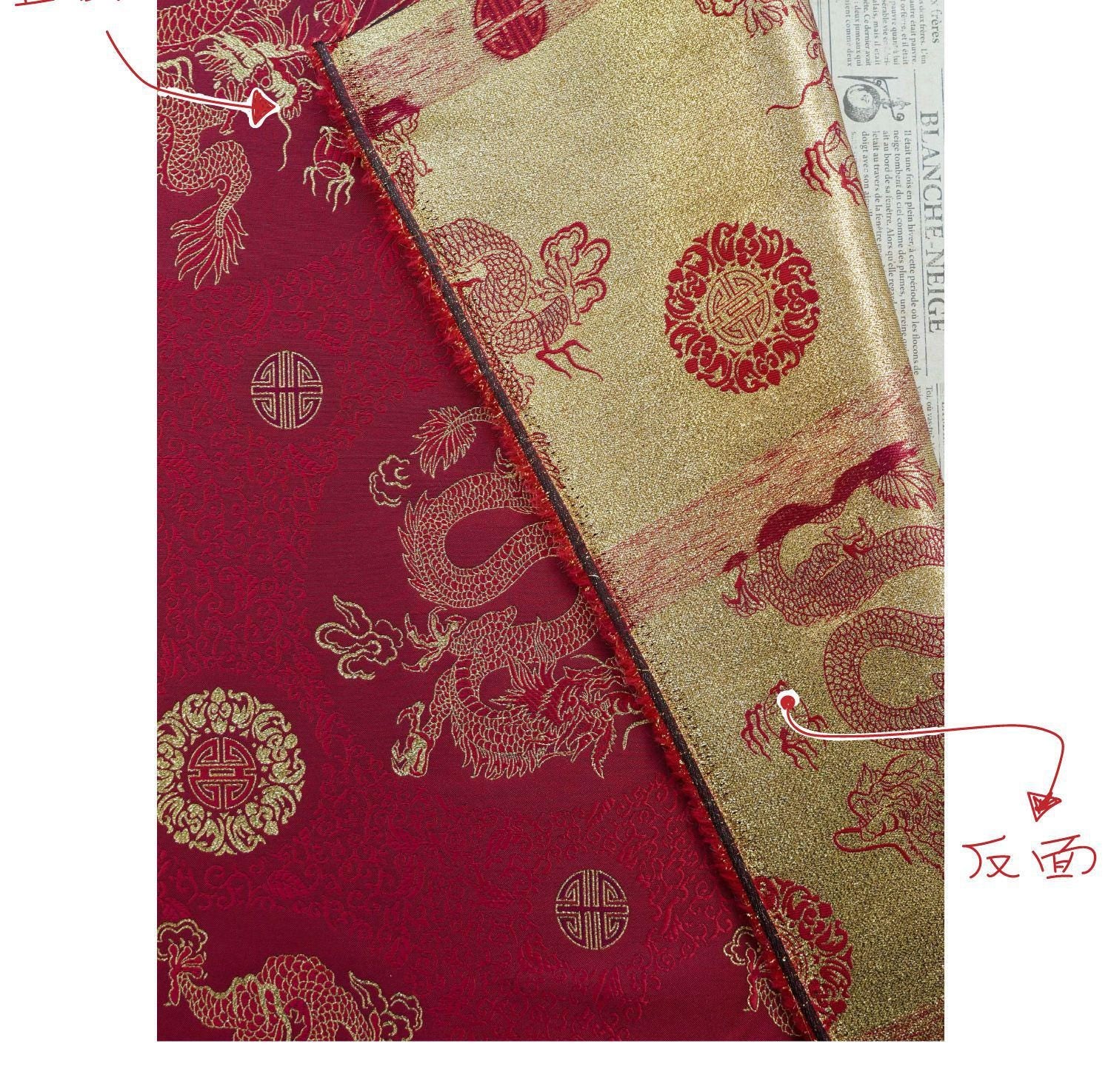 Chinese Dragon Brocade Fabric, Red Gold Jacquard Fabric by Yard, Double Dragon Pattern Textile, Sewing Material, Luxury Oriental Fabric, 59"