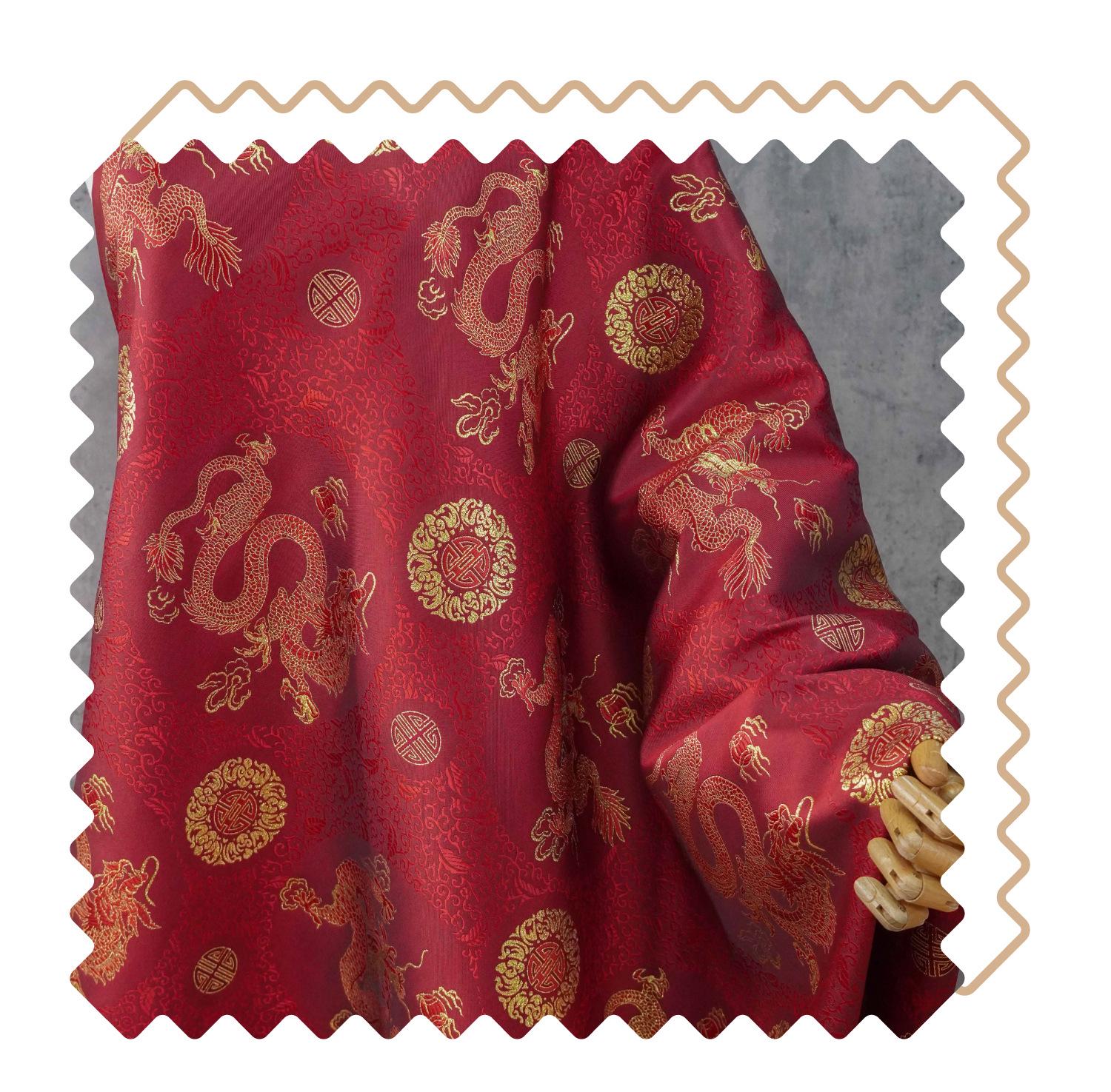 Chinese Dragon Brocade Fabric, Red Gold Jacquard Fabric by Yard, Double Dragon Pattern Textile, Sewing Material, Luxury Oriental Fabric, 59"