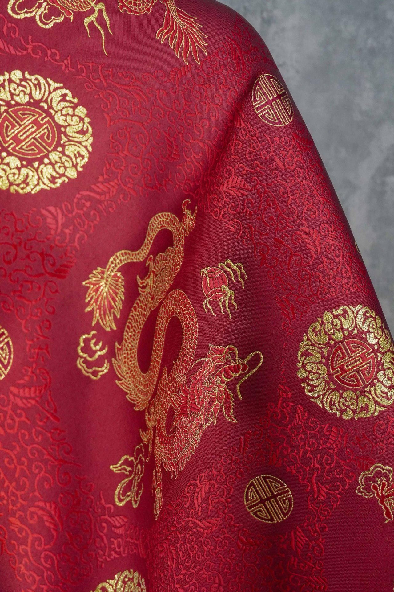 Chinese Dragon Brocade Fabric, Red Gold Jacquard Fabric by Yard, Double Dragon Pattern Textile, Sewing Material, Luxury Oriental Fabric, 59"