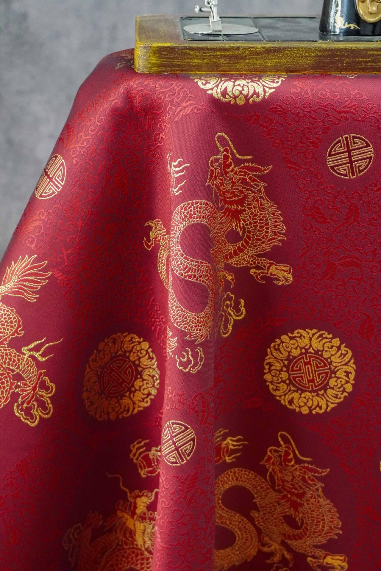Chinese Dragon Brocade Fabric, Red Gold Jacquard Fabric by Yard, Double Dragon Pattern Textile, Sewing Material, Luxury Oriental Fabric, 59"