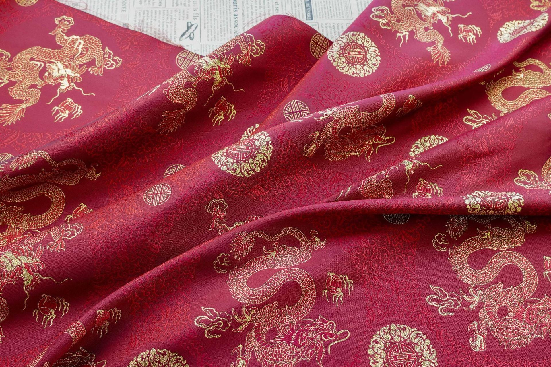 Chinese Dragon Brocade Fabric, Red Gold Jacquard Fabric by Yard, Double Dragon Pattern Textile, Sewing Material, Luxury Oriental Fabric, 59"