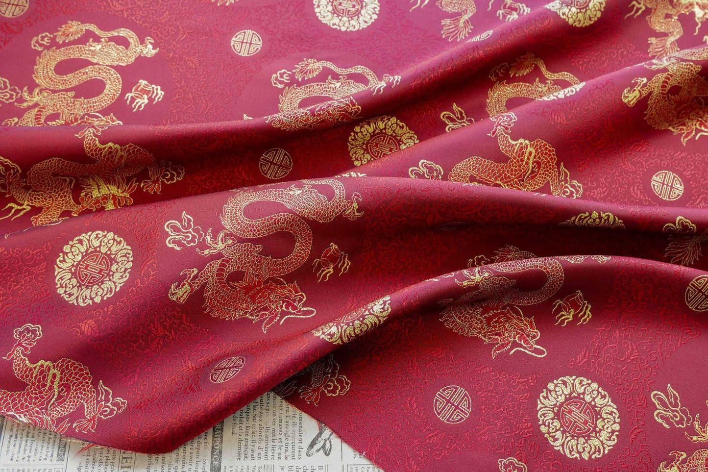 Chinese Dragon Brocade Fabric, Red Gold Jacquard Fabric by Yard, Double Dragon Pattern Textile, Sewing Material, Luxury Oriental Fabric, 59"