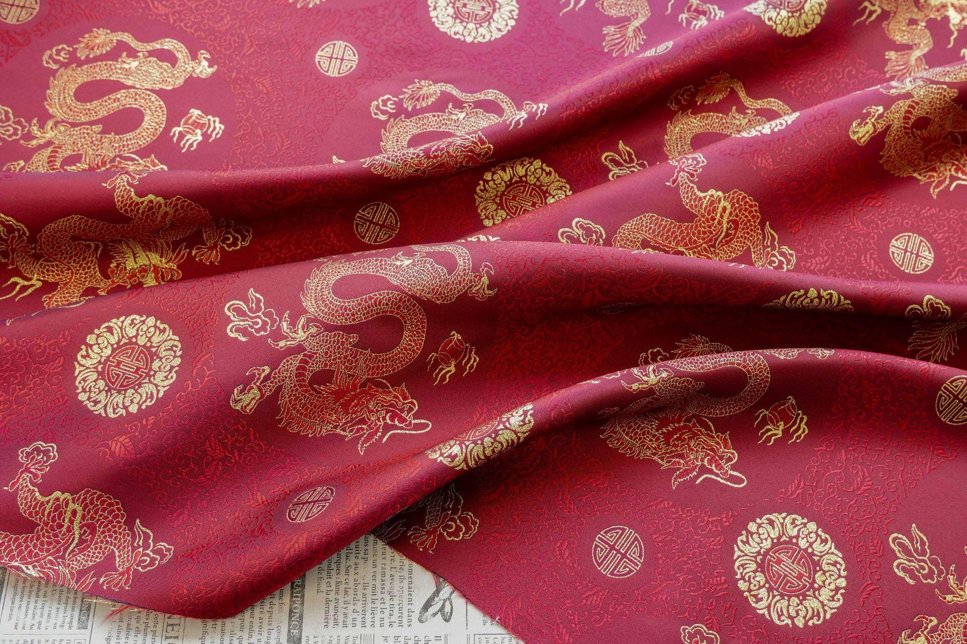 Chinese Dragon Brocade Fabric, Red Gold Jacquard Fabric by Yard, Double Dragon Pattern Textile, Sewing Material, Luxury Oriental Fabric, 59"