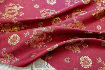 Chinese Dragon Brocade Fabric, Red Gold Jacquard Fabric by Yard, Double Dragon Pattern Textile, Sewing Material, Luxury Oriental Fabric, 59"