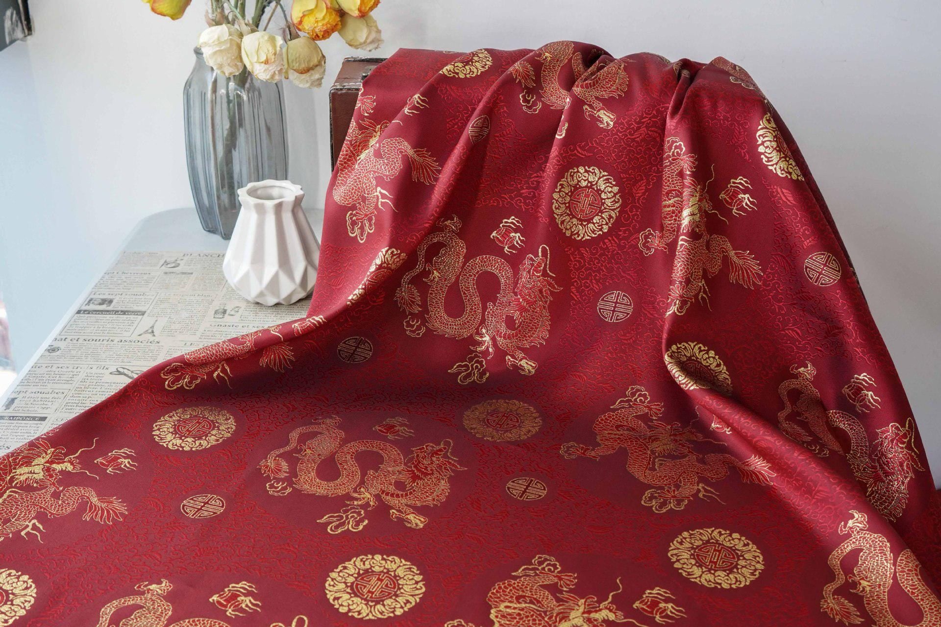 Chinese Dragon Brocade Fabric, Red Gold Jacquard Fabric by Yard, Double Dragon Pattern Textile, Sewing Material, Luxury Oriental Fabric, 59"