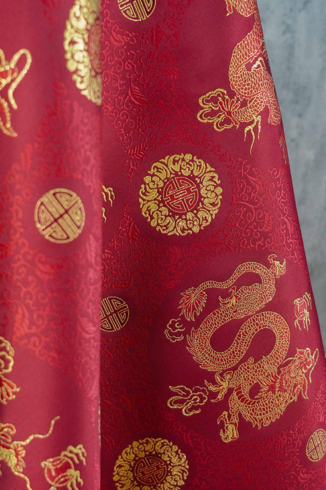 Chinese Dragon Brocade Fabric, Red Gold Jacquard Fabric by Yard, Double Dragon Pattern Textile, Sewing Material, Luxury Oriental Fabric, 59"
