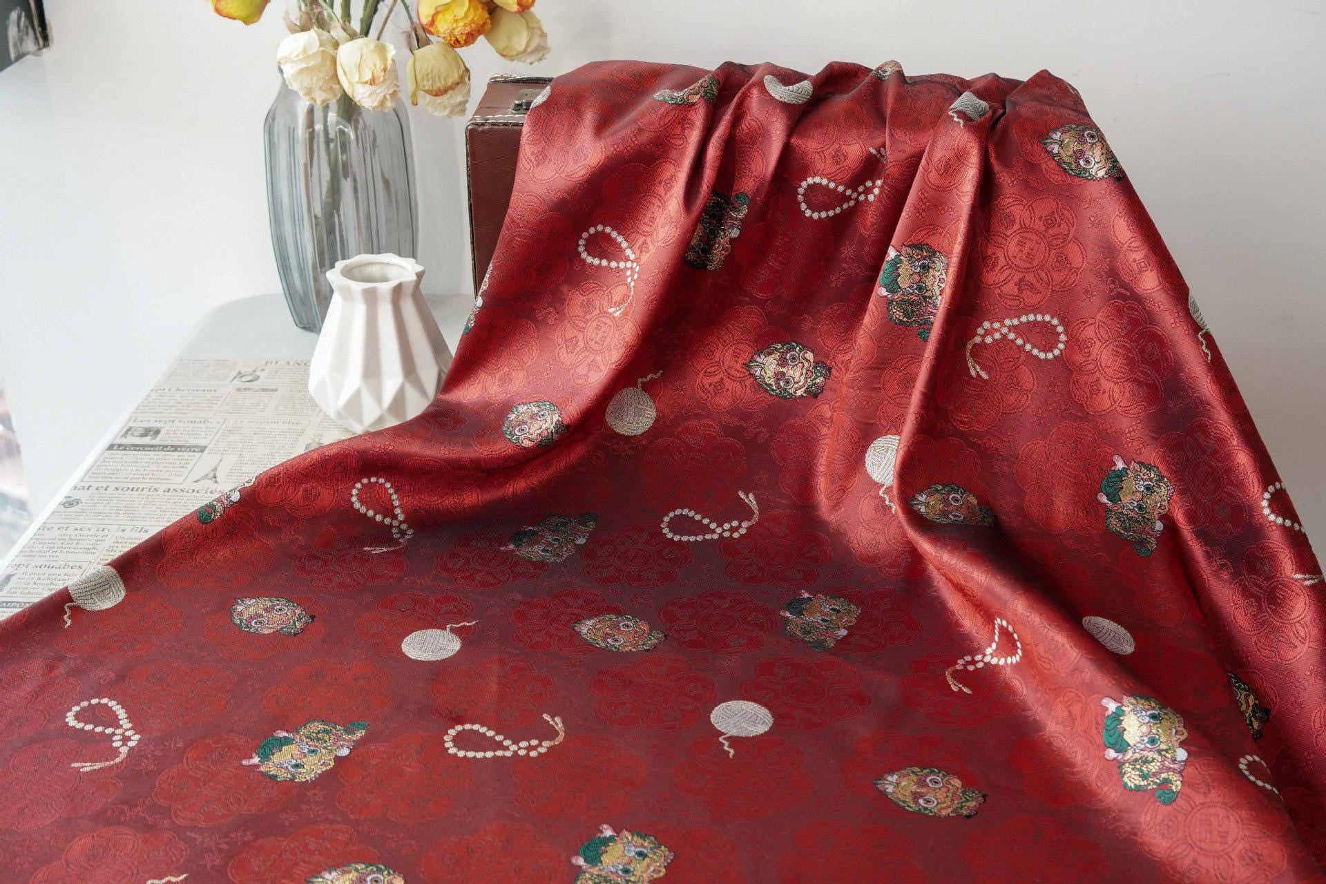 Chinese Lion Dance Fabric, Red Gold Jacquard Fabric by Yard, Lunar New Year Textile, Traditional Chinese Sewing Material, Qipao Fabric, 59"