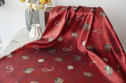 Chinese Lion Dance Fabric, Red Gold Jacquard Fabric by Yard, Lunar New Year Textile, Traditional Chinese Sewing Material, Qipao Fabric, 59"