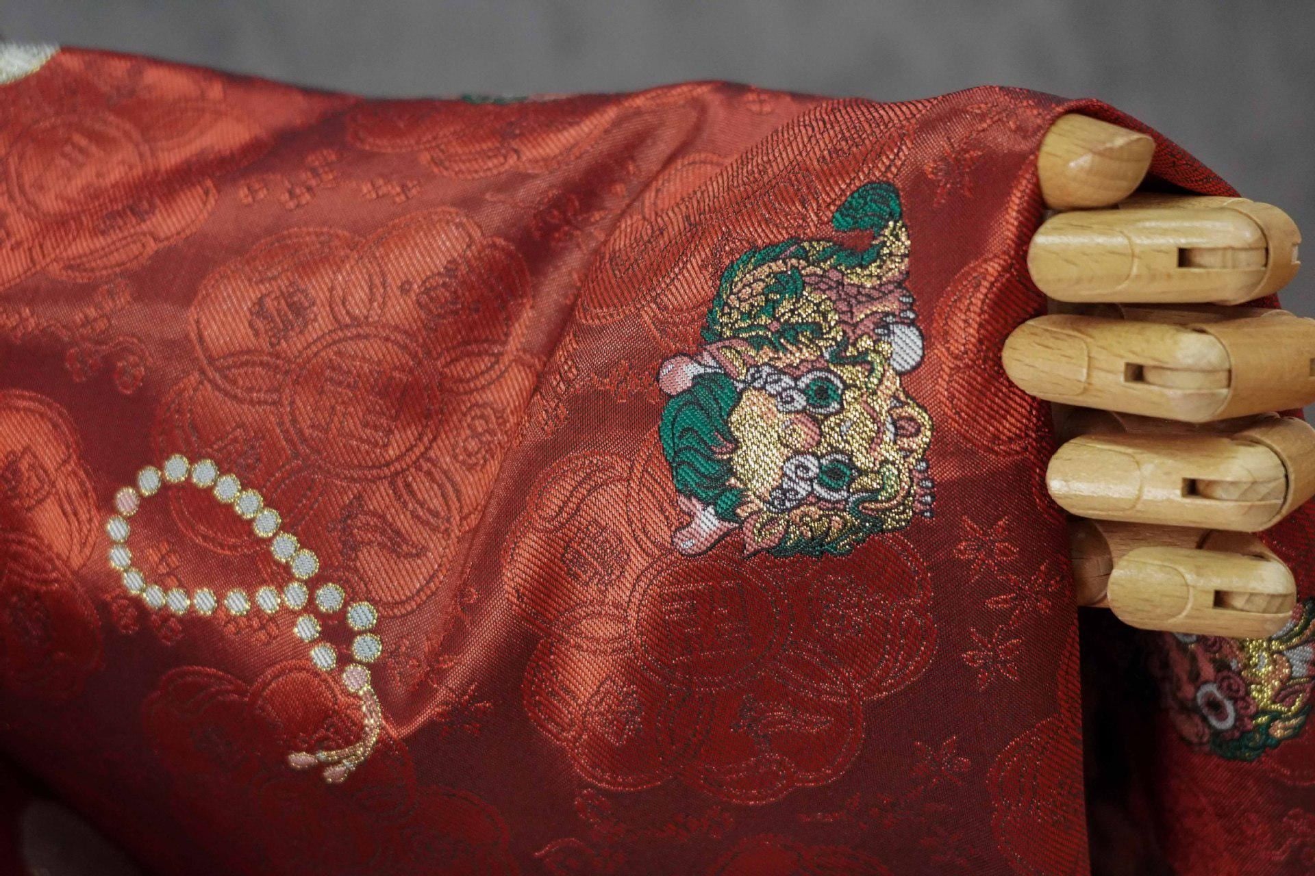 Chinese Lion Dance Fabric, Red Gold Jacquard Fabric by Yard, Lunar New Year Textile, Traditional Chinese Sewing Material, Qipao Fabric, 59"