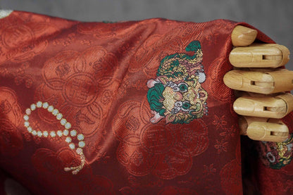 Chinese Lion Dance Fabric, Red Gold Jacquard Fabric by Yard, Lunar New Year Textile, Traditional Chinese Sewing Material, Qipao Fabric, 59"