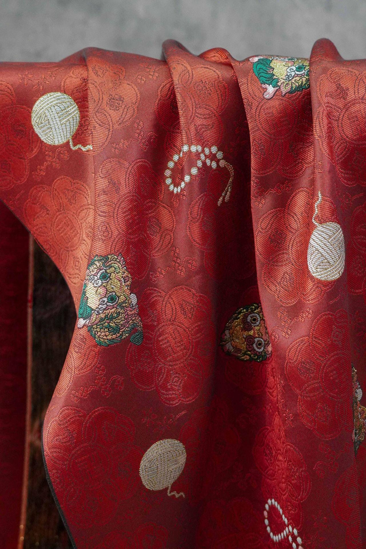 Chinese Lion Dance Fabric, Red Gold Jacquard Fabric by Yard, Lunar New Year Textile, Traditional Chinese Sewing Material, Qipao Fabric, 59"