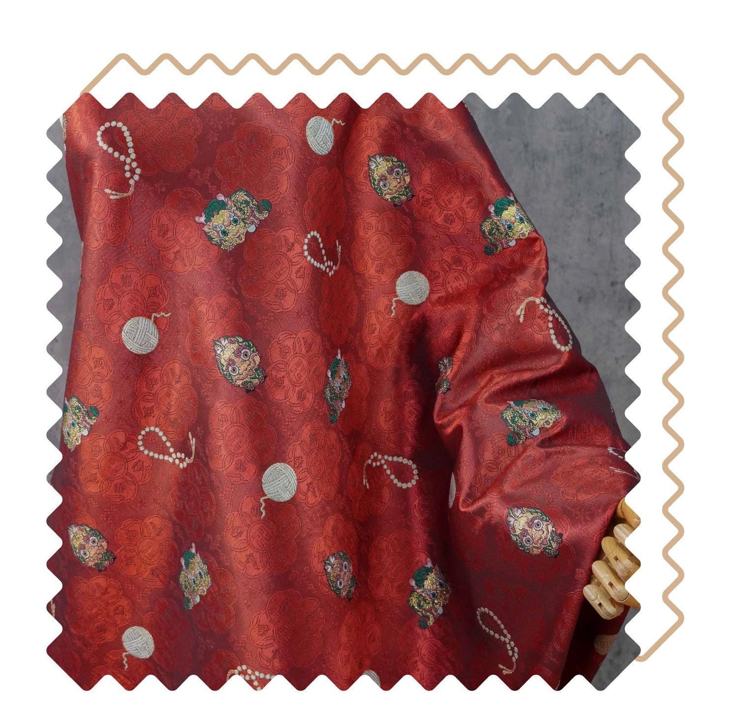 Chinese Lion Dance Fabric, Red Gold Jacquard Fabric by Yard, Lunar New Year Textile, Traditional Chinese Sewing Material, Qipao Fabric, 59"