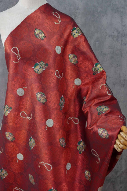 Chinese Lion Dance Fabric, Red Gold Jacquard Fabric by Yard, Lunar New Year Textile, Traditional Chinese Sewing Material, Qipao Fabric, 59"