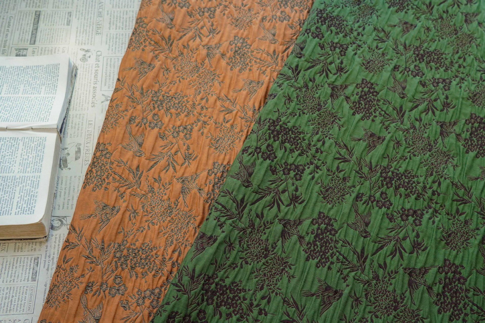 Green Jacquard Fabric, Bird Floral Brocade Fabric by Yard, Double Sided Woven Textile, Chinese Style Sewing Material, Luxury Vintage Fabric