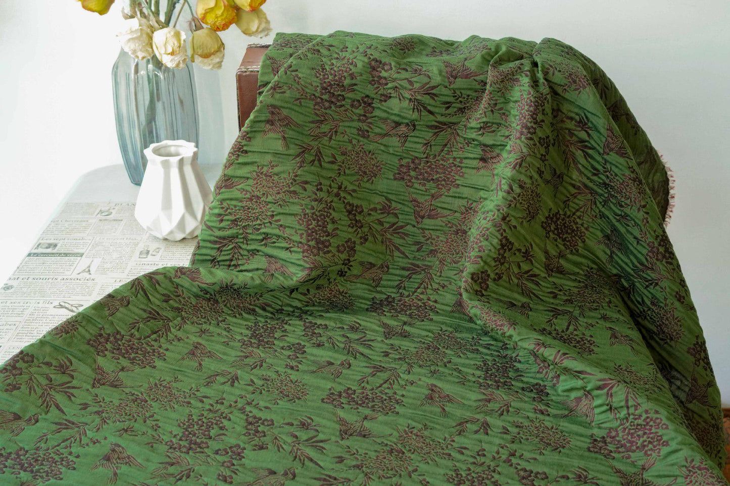 Green Jacquard Fabric, Bird Floral Brocade Fabric by Yard, Double Sided Woven Textile, Chinese Style Sewing Material, Luxury Vintage Fabric