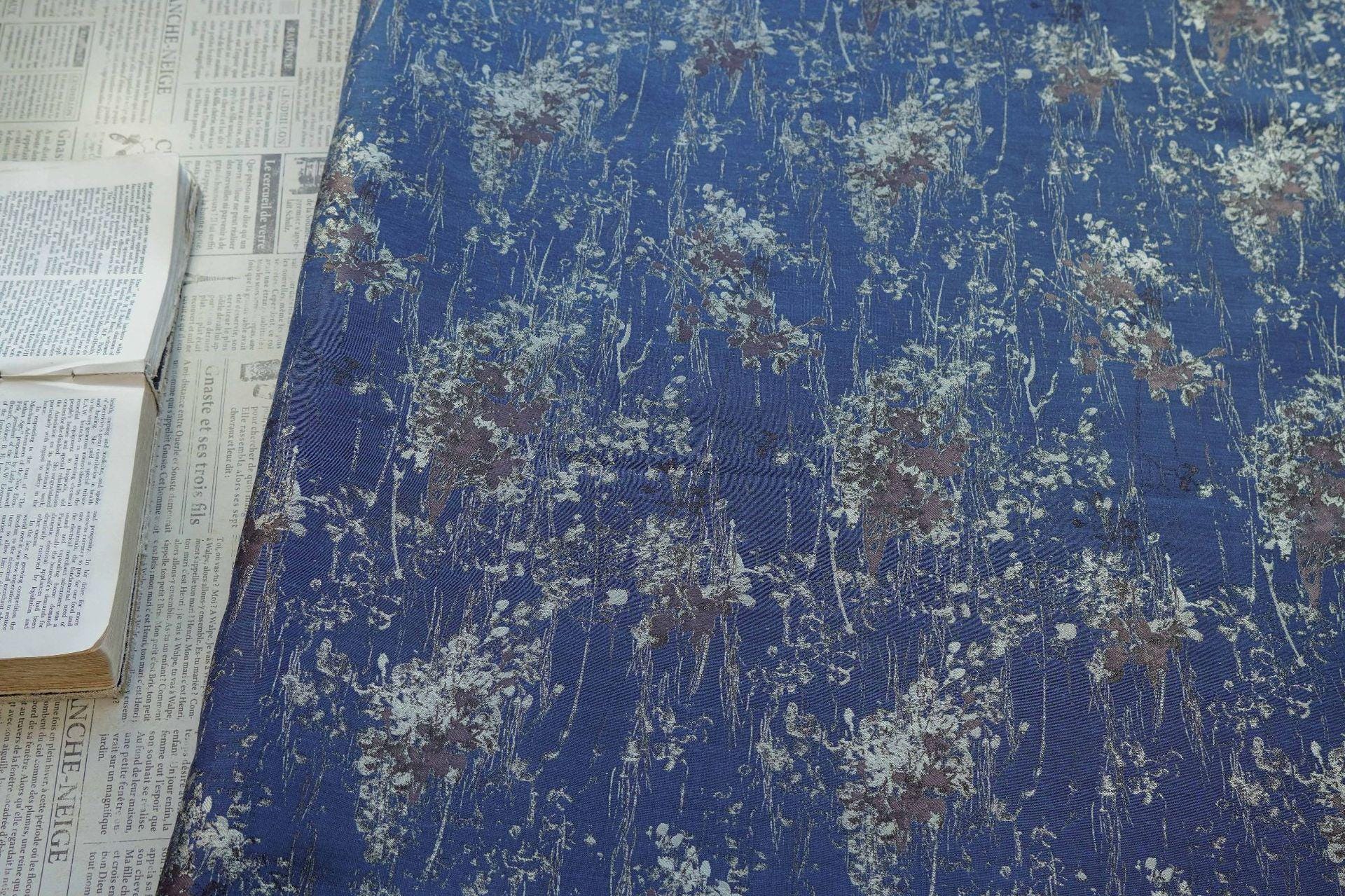 Blue Floral Jacquard Fabric, Watercolor Botanical Fabric by Yard, Vintage Woven Textile, Designer Sewing Material, Home Decor Fabric