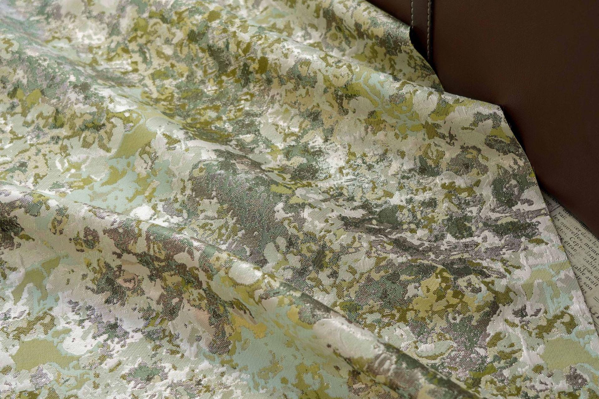 Oil Painting Floral Jacquard Fabric by the Yard: Gold Metallic Thread, Abstract Botanical Brocade, 59" Wide — Dress, Upholstery, Home Decor