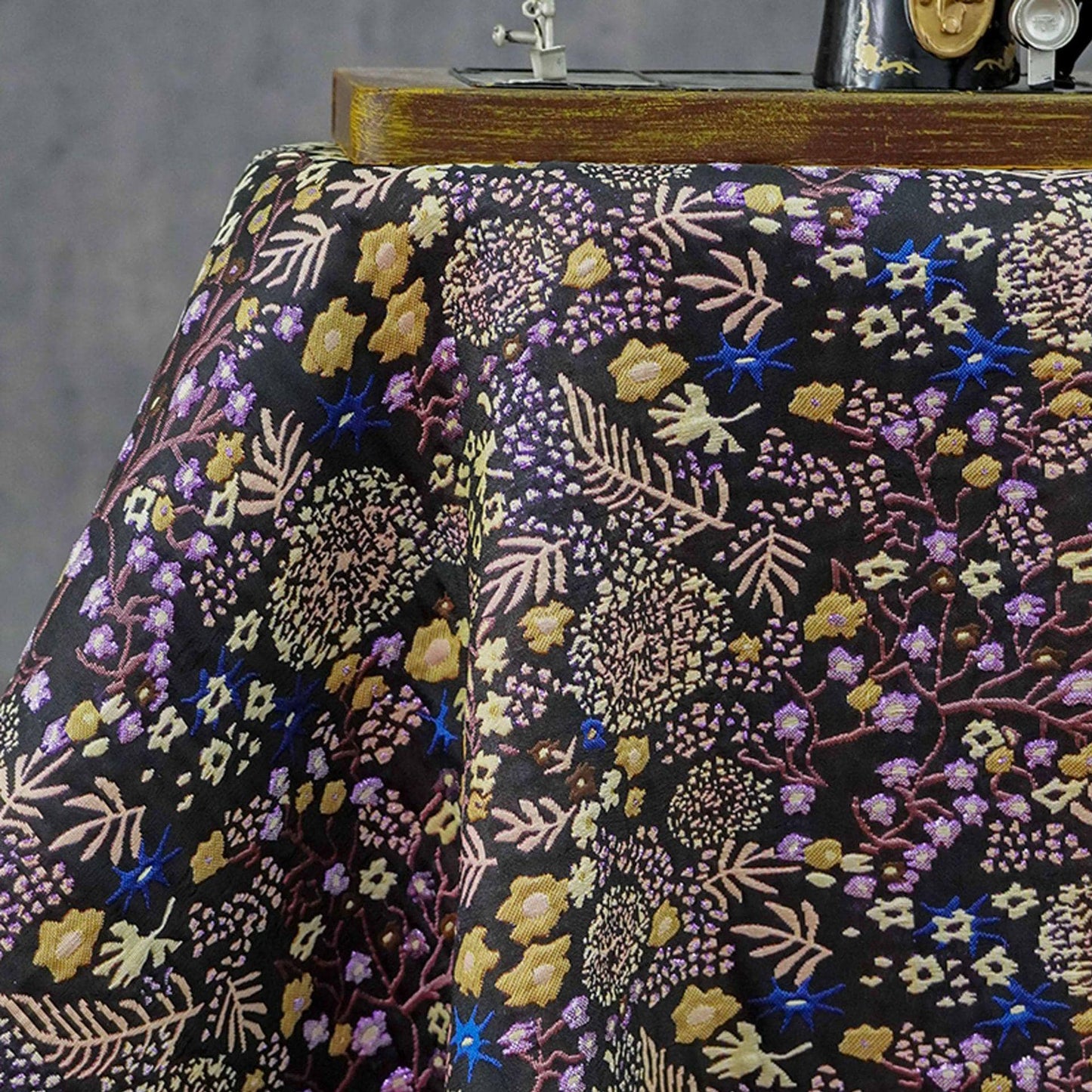 Black Floral Jacquard Fabric by the Yard: Botanical Garden, Purple Gold Multicolor Woven Brocade, 57"W Reversible, Dress, Coat, Home Decor
