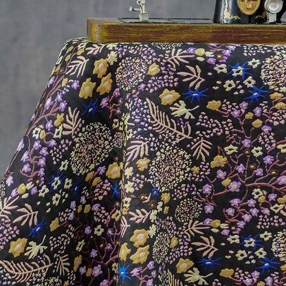 Black Floral Jacquard Fabric by the Yard: Botanical Garden, Purple Gold Multicolor Woven Brocade, 57"W Reversible, Dress, Coat, Home Decor