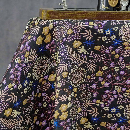 Black Floral Jacquard Fabric by the Yard: Botanical Garden, Purple Gold Multicolor Woven Brocade, 57"W Reversible, Dress, Coat, Home Decor - Poppylollipop