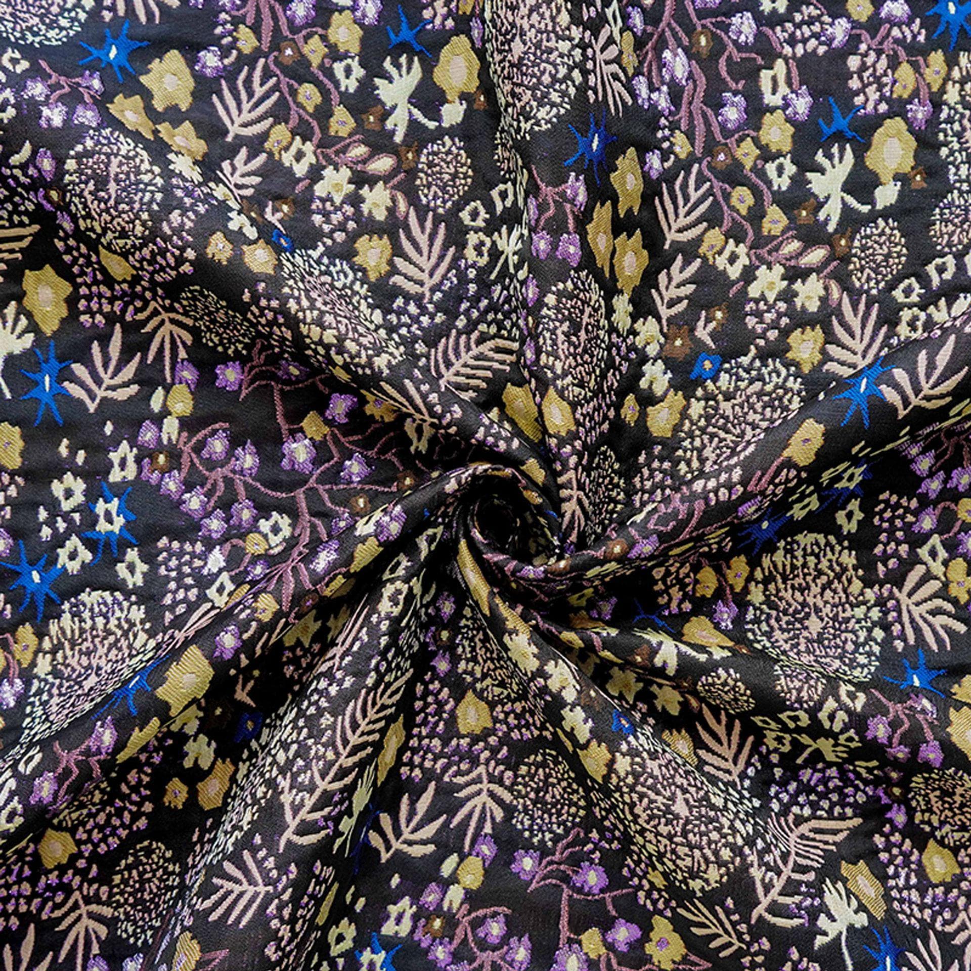 Black Floral Jacquard Fabric by the Yard: Botanical Garden, Purple Gold Multicolor Woven Brocade, 57"W Reversible, Dress, Coat, Home Decor