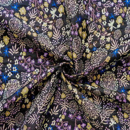 Black Floral Jacquard Fabric by the Yard: Botanical Garden, Purple Gold Multicolor Woven Brocade, 57"W Reversible, Dress, Coat, Home Decor