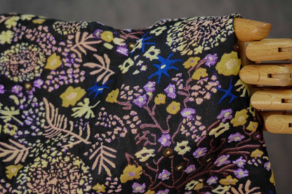 Black Floral Jacquard Fabric by the Yard: Botanical Garden, Purple Gold Multicolor Woven Brocade, 57"W Reversible, Dress, Coat, Home Decor