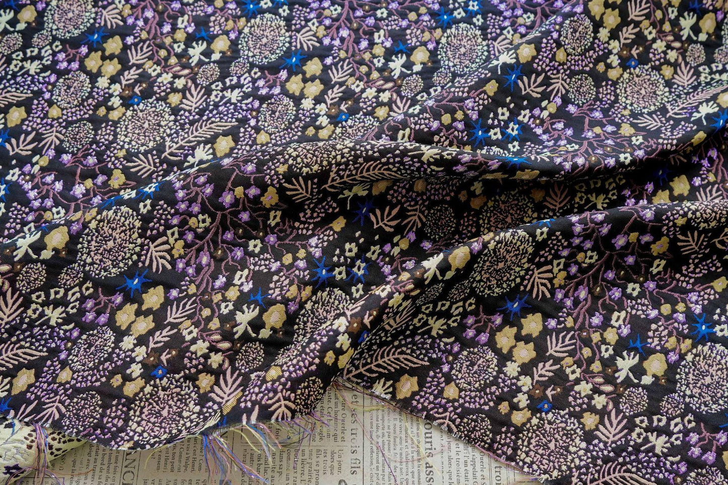 Black Floral Jacquard Fabric by the Yard: Botanical Garden, Purple Gold Multicolor Woven Brocade, 57"W Reversible, Dress, Coat, Home Decor