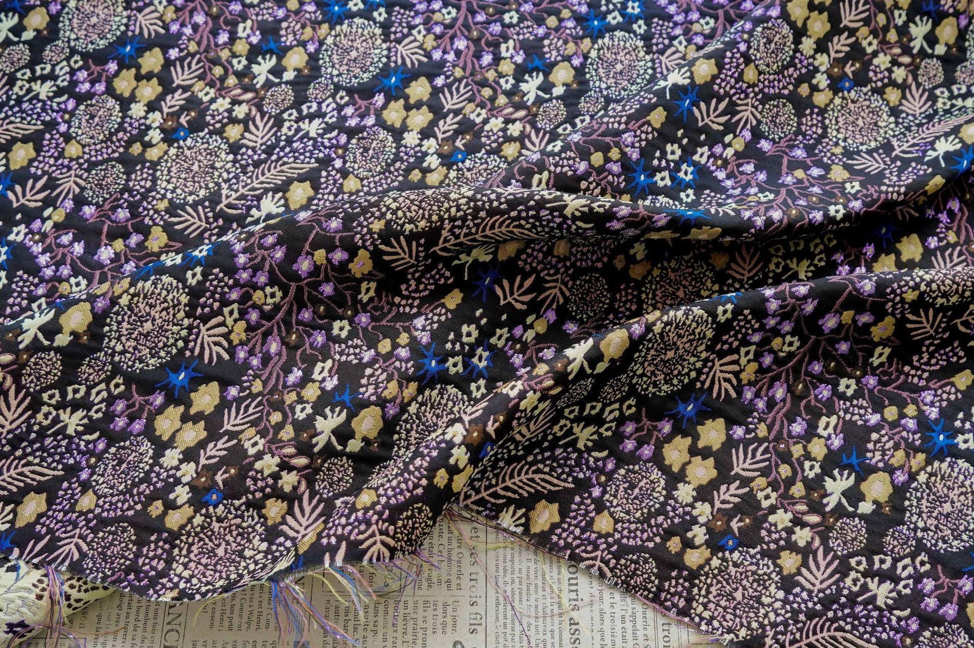 Black Floral Jacquard Fabric by the Yard: Botanical Garden, Purple Gold Multicolor Woven Brocade, 57"W Reversible, Dress, Coat, Home Decor