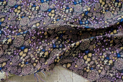 Black Floral Jacquard Fabric by the Yard: Botanical Garden, Purple Gold Multicolor Woven Brocade, 57"W Reversible, Dress, Coat, Home Decor