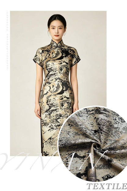 Abstract Metallic Jacquard Fabric, Black Gold Watercolor Texture Brocade Textile, Luxury Woven Fabric for Dress, Jacket, DIY Sewing