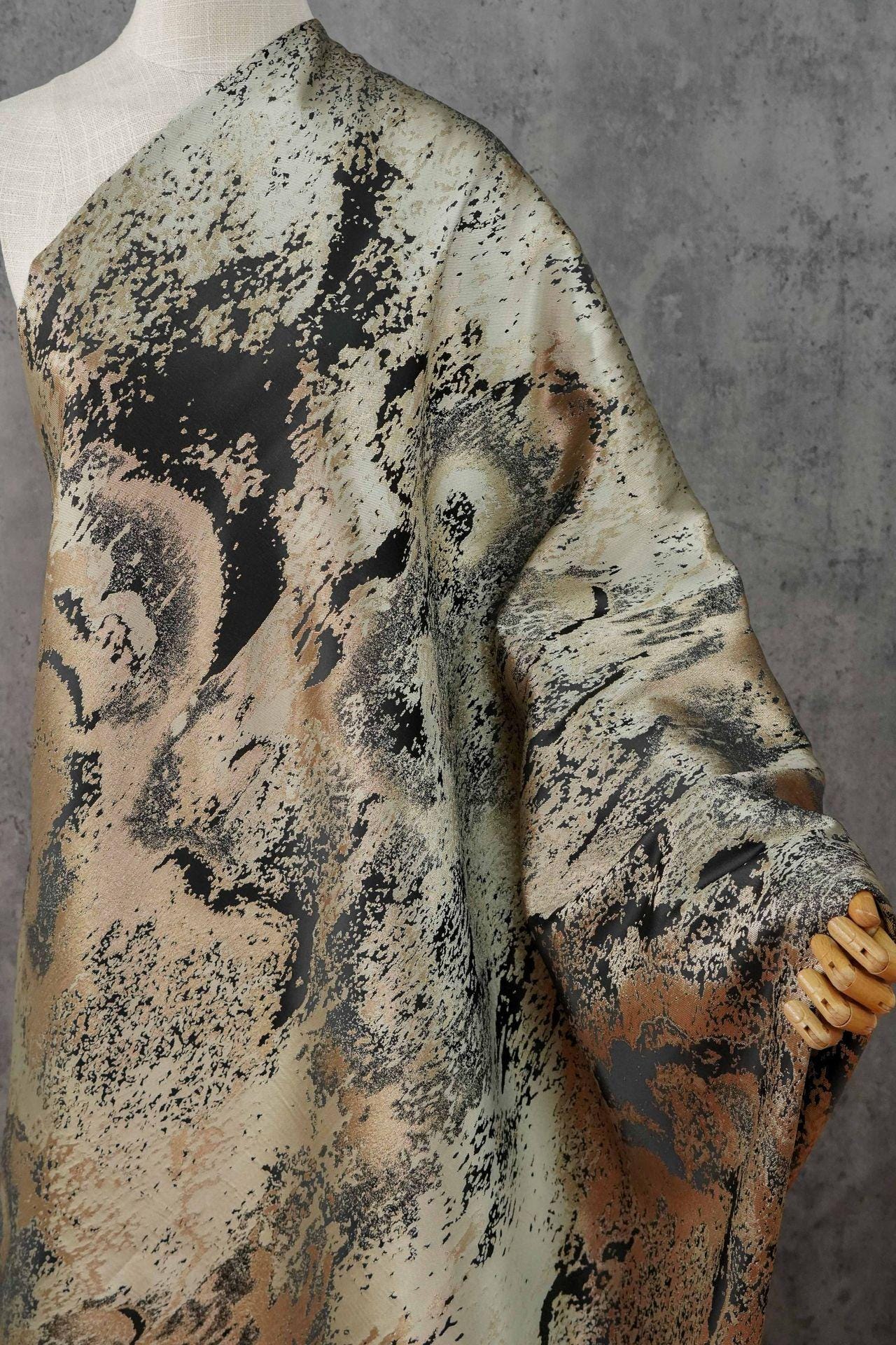 Abstract Metallic Jacquard Fabric, Black Gold Watercolor Texture Brocade Textile, Luxury Woven Fabric for Dress, Jacket, DIY Sewing