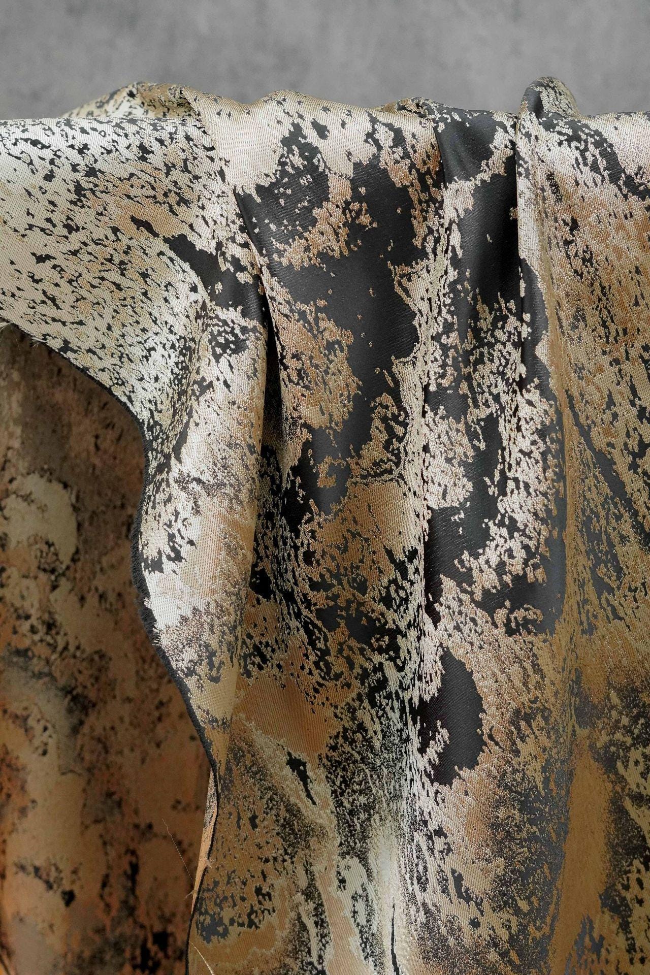Abstract Metallic Jacquard Fabric, Black Gold Watercolor Texture Brocade Textile, Luxury Woven Fabric for Dress, Jacket, DIY Sewing