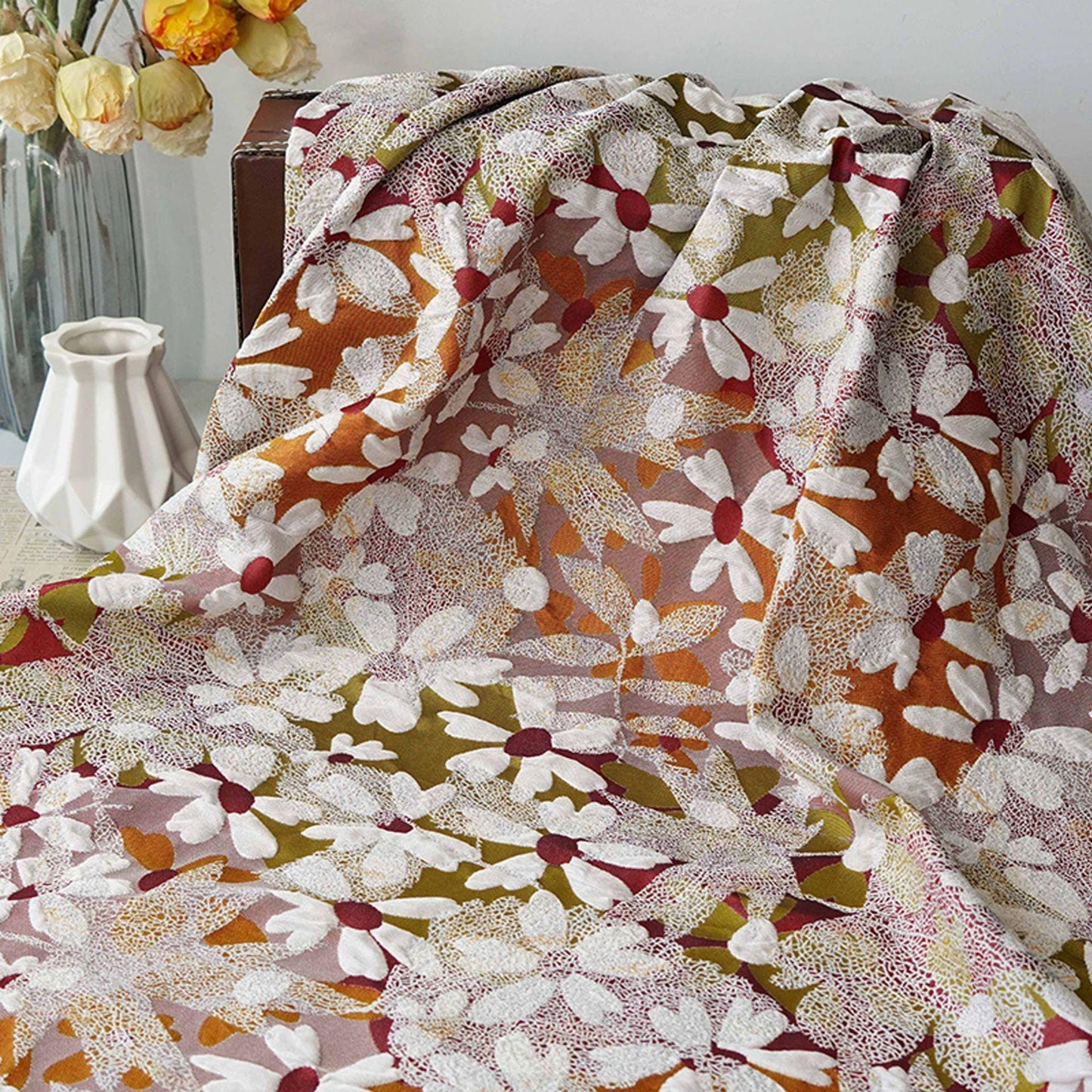 3D Floral Jacquard Fabric, Vintage Daisy Embossed Woven Textile, Textured Flower Brocade Fabric for Dress, Jacket, DIY Sewing, 60"Wide