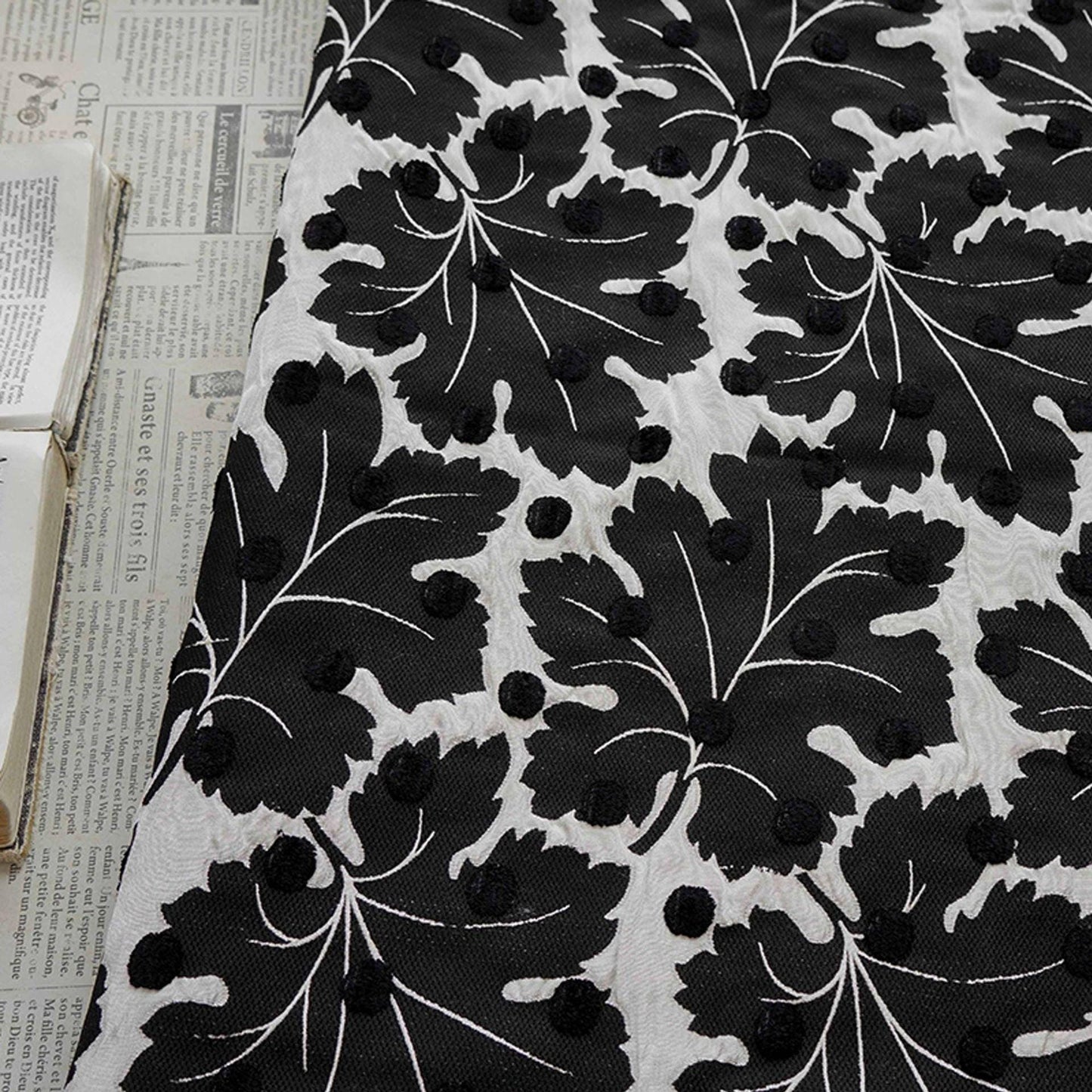 Vintage Velvet Flocked Oak Leaf Jacquard Fabric, Black White Floral Upholstery Textile, Retro Home Decor Fabric, Luxury Woven Material, 53"W