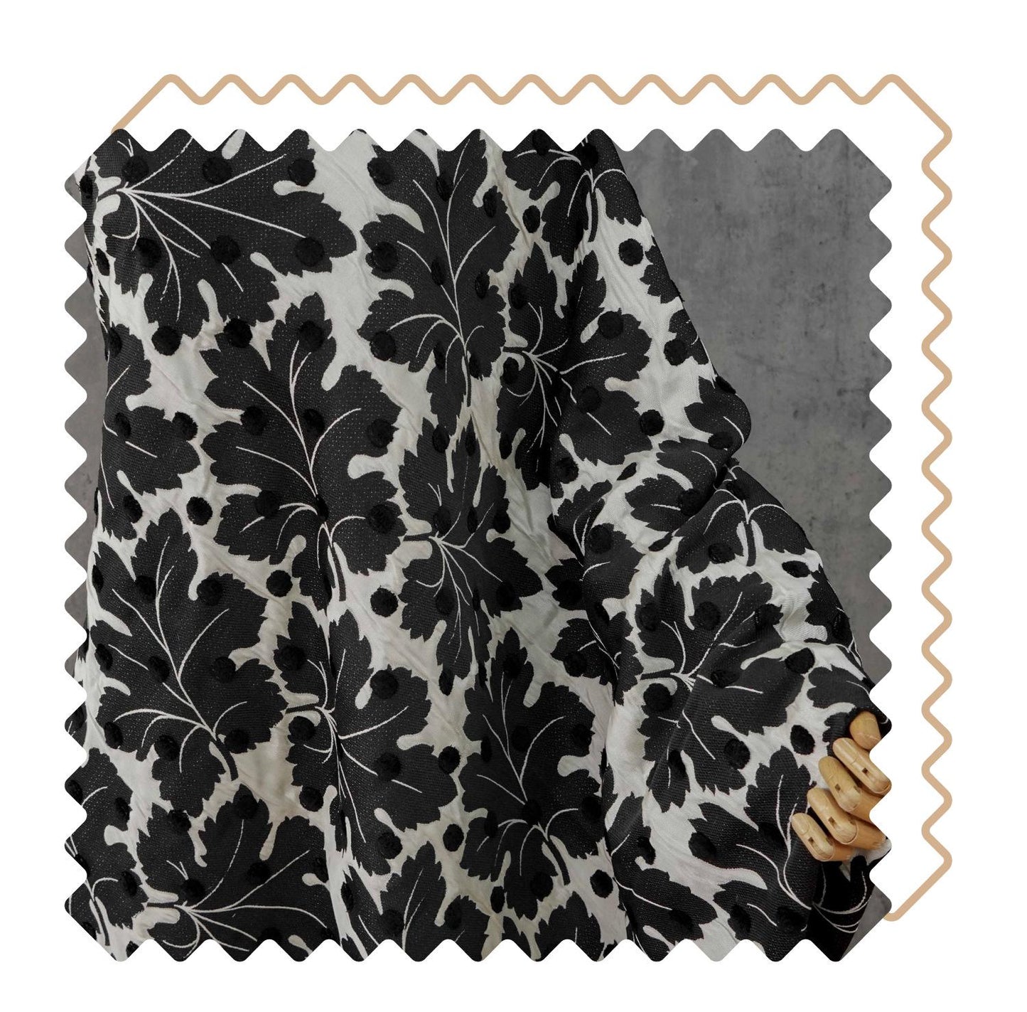 Vintage Velvet Flocked Oak Leaf Jacquard Fabric, Black White Floral Upholstery Textile, Retro Home Decor Fabric, Luxury Woven Material, 53"W