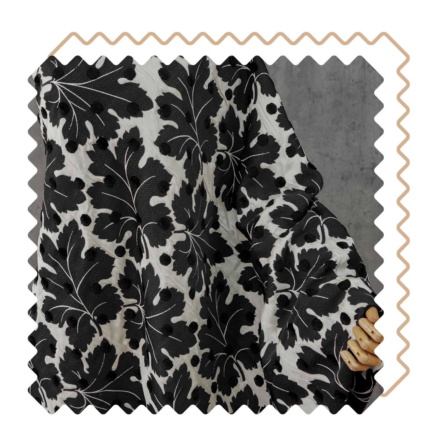 Vintage Velvet Flocked Oak Leaf Jacquard Fabric, Black White Floral Upholstery Textile, Retro Home Decor Fabric, Luxury Woven Material, 53"W