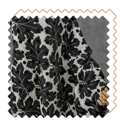 Vintage Velvet Flocked Oak Leaf Jacquard Fabric, Black White Floral Upholstery Textile, Retro Home Decor Fabric, Luxury Woven Material, 53"W
