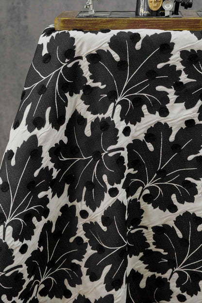 Vintage Velvet Flocked Oak Leaf Jacquard Fabric, Black White Floral Upholstery Textile, Retro Home Decor Fabric, Luxury Woven Material, 53"W