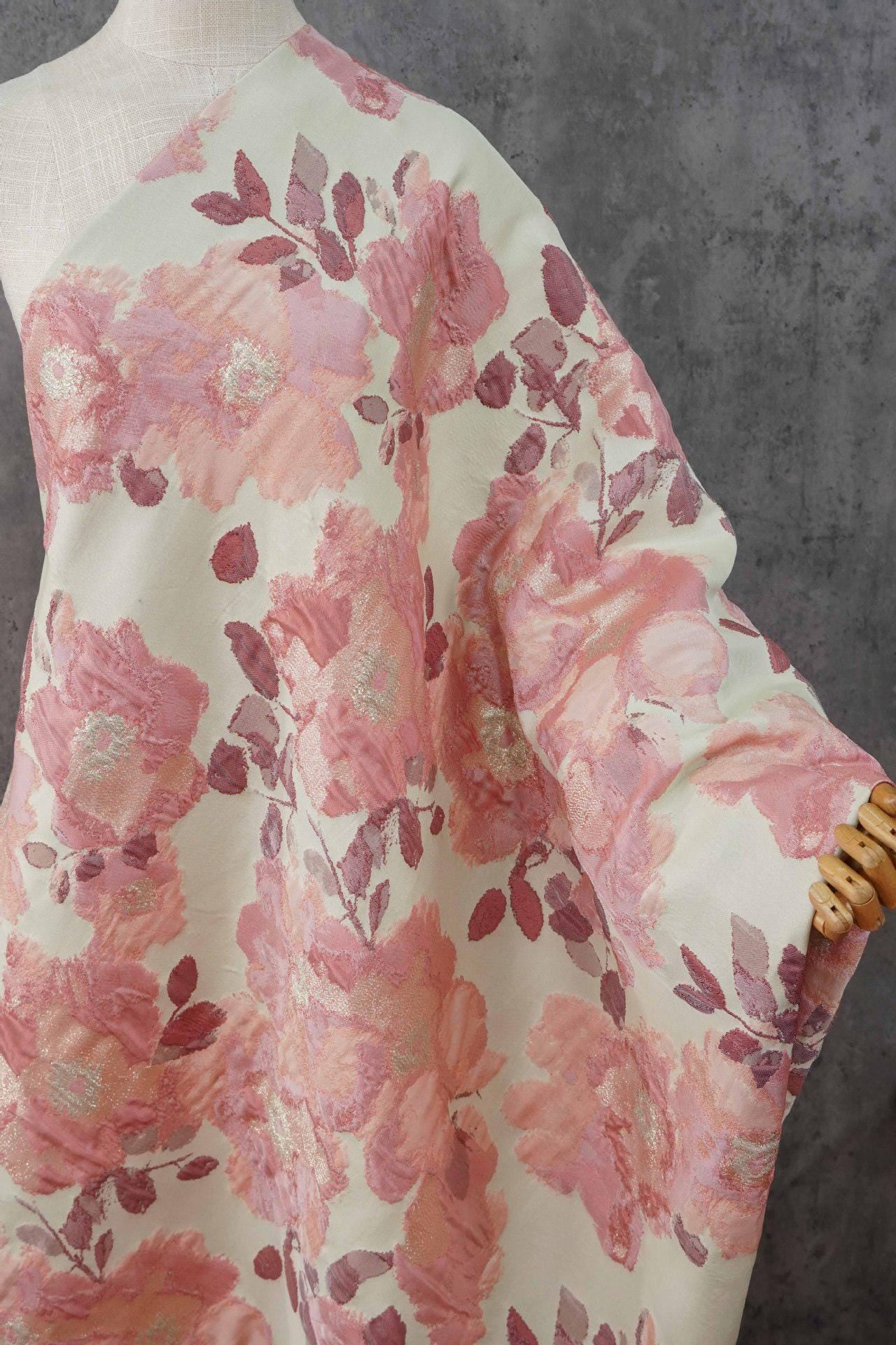 Pink Floral Jacquard Fabric, Oil Painting Style Embossed Flower Textile, Gold Metallic Woven Fabric, Vintage Dress Home Decor Material, 54"