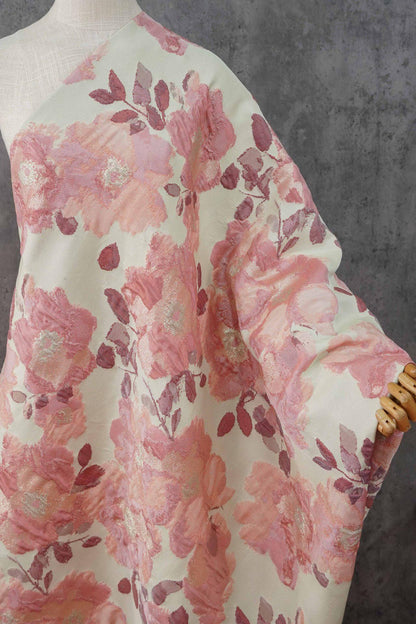 Pink Floral Jacquard Fabric, Oil Painting Style Embossed Flower Textile, Gold Metallic Woven Fabric, Vintage Dress Home Decor Material, 54"